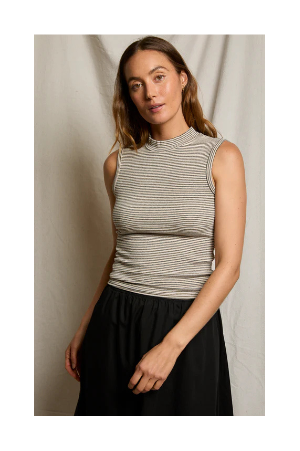 Mel Luxe Stripe Rib Mockneck Tank in Heather/Black Stripe