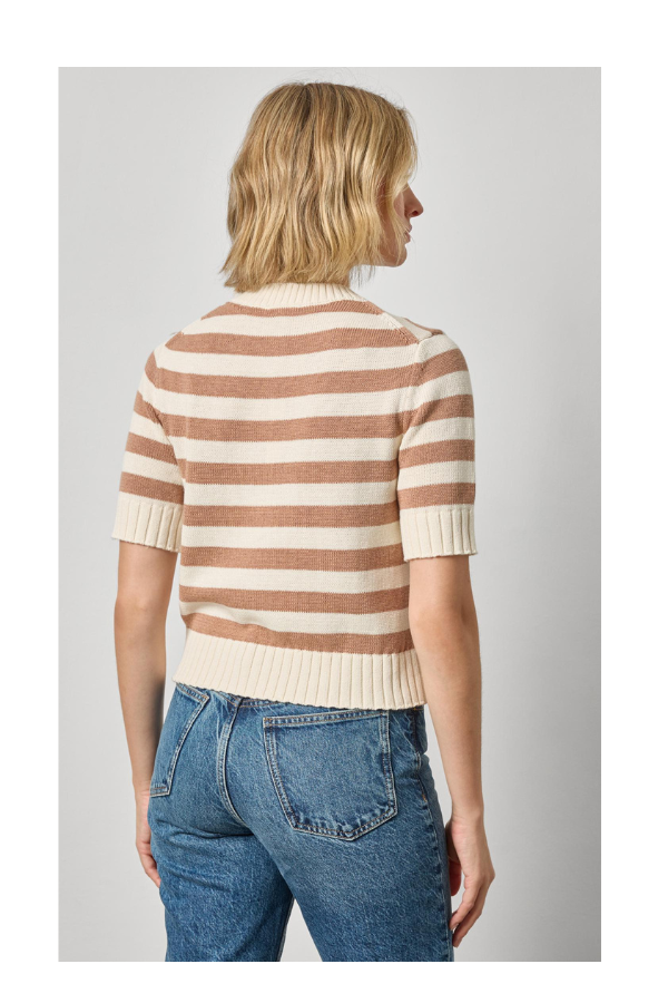 Elbow Sleeve Button Cardigan in Fawn Stripe