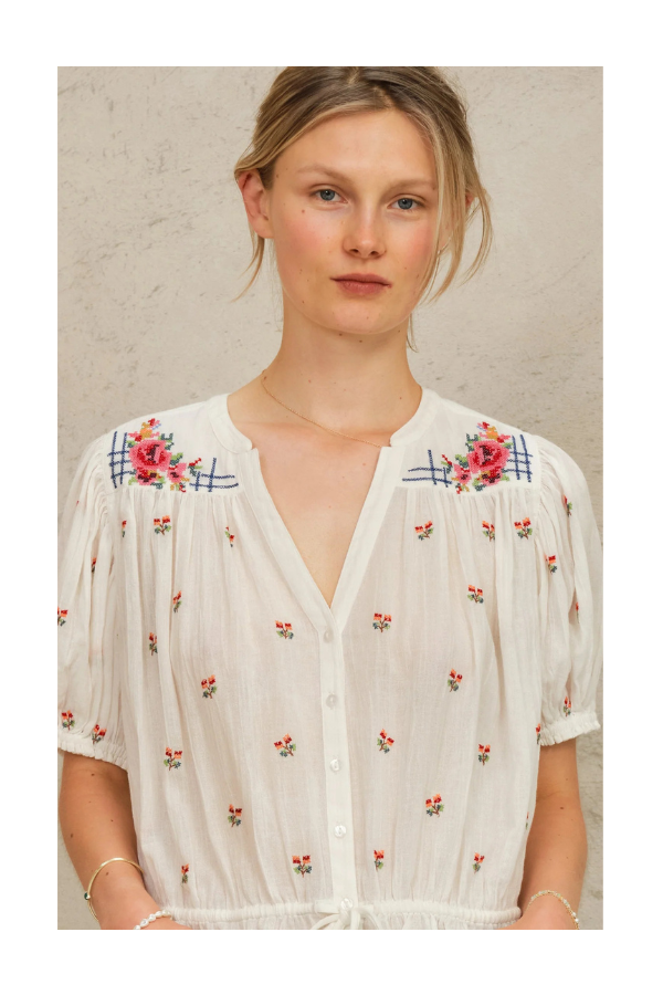 Harlie Emb Short Sleeve Top in Ecru/ Multi