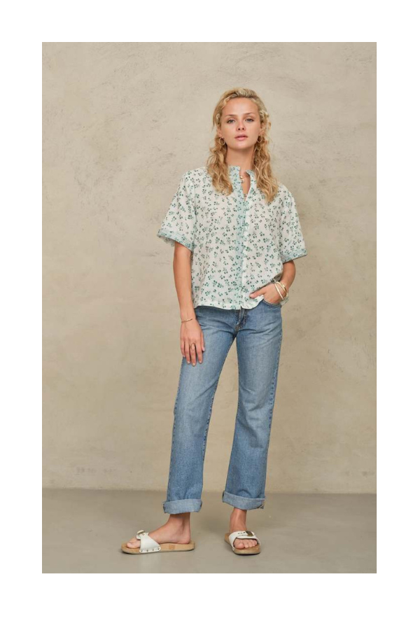 Edie Print Stitch Short Sleeve Top in Green