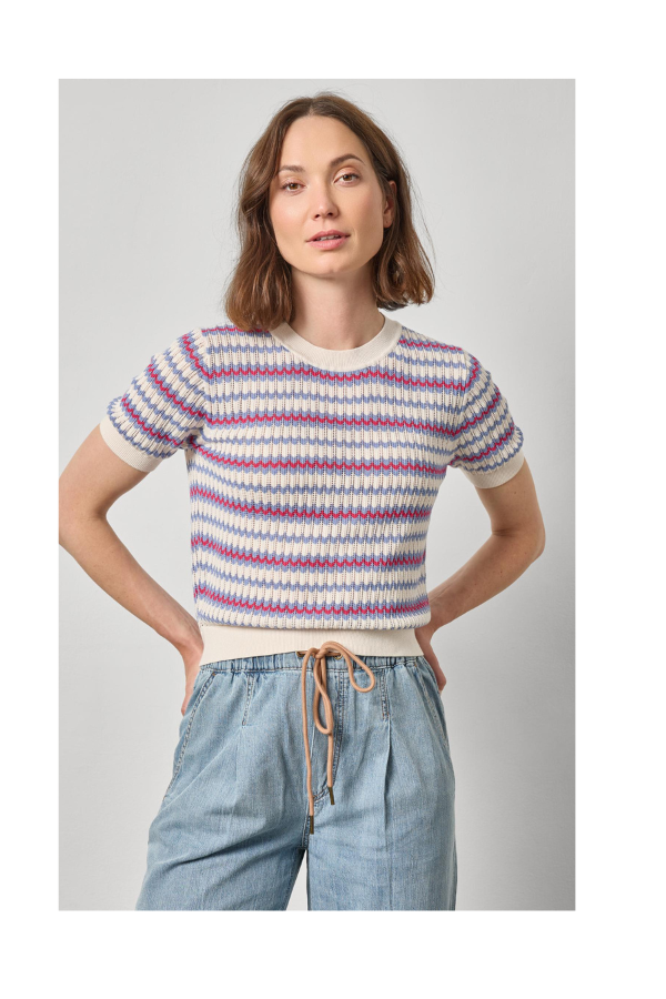 Novelty Stripe Crewneck Sweater in Azalea Scallop