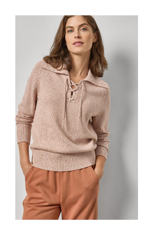 Lace Neck Polo Sweater in Driftwood Marl