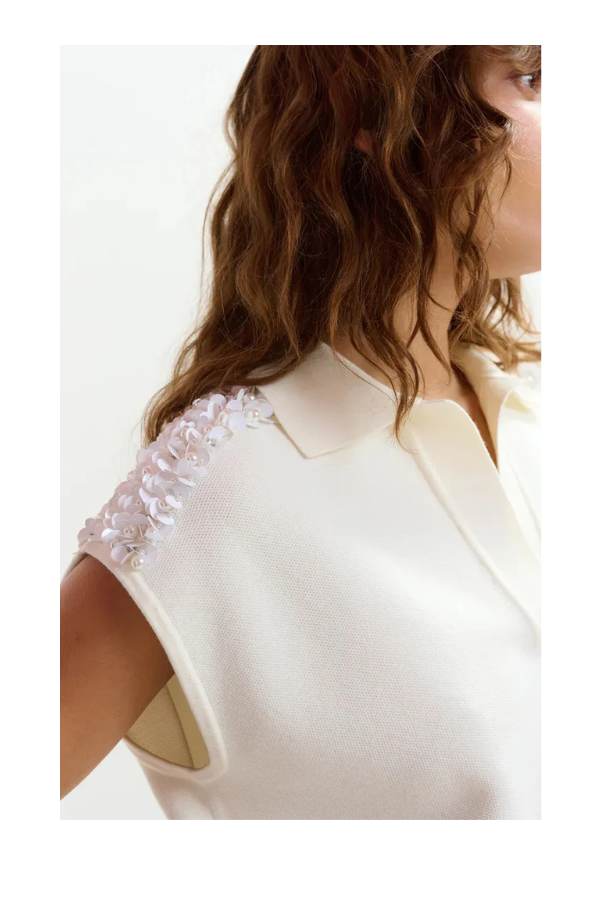 Joline Embroidered Knit Polo in Off White