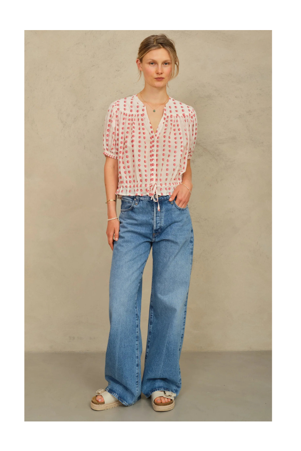 Karla Gathered Top in Ecru/ Red