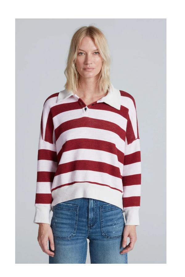 Polo Sweatshirt in Black Cherry/ Pink Stripe