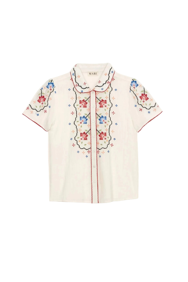 Ruby Emb Short Sleeve Top in Ecru/ Multi