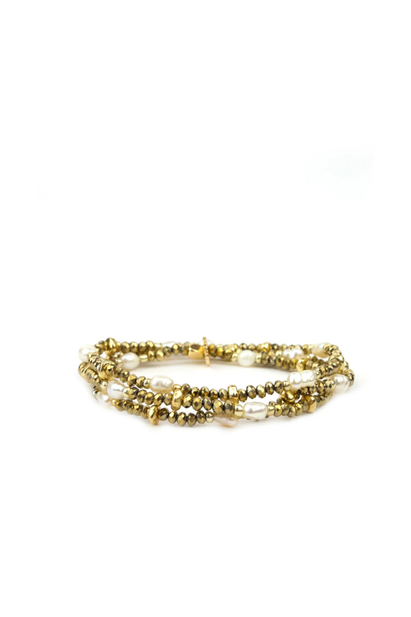 Crystal Beaded Pearl Stretch Bracelet in Gold