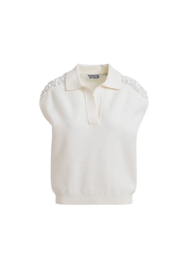 Joline Embroidered Knit Polo in Off White