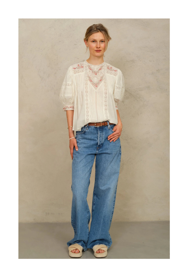 Fleur EMB Short Sleeve Top in Ecru/Multi