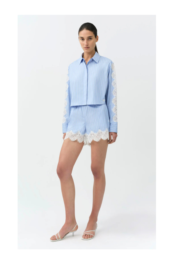 Renata Cropped Button Down Shirt in Oxford Blue Stripe