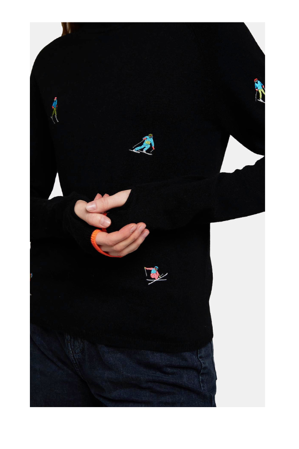 Ditsy Ski Embroidery Mock Neck Sweater in Black