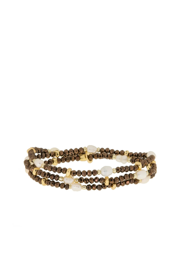 Crystal Beaded Pearl Stretch Bracelet in Gold Bronze