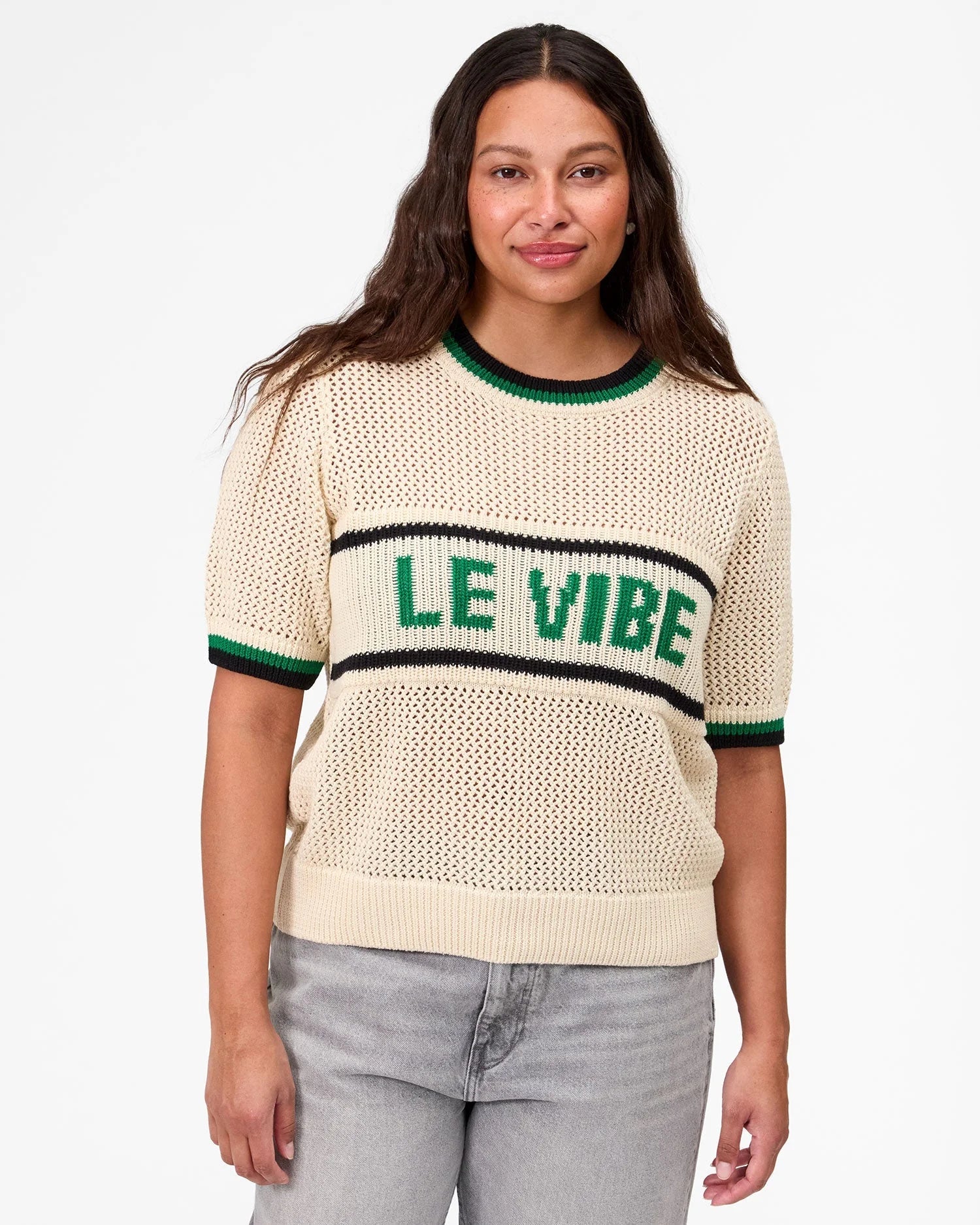 Luc Knit Tee in Cream w/ Green & Black Le Vibe