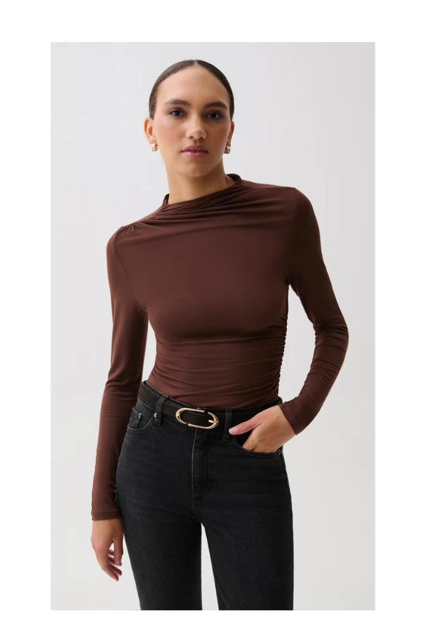 Nathalia Long Sleeve Draped Mock Neck Top in Woodland