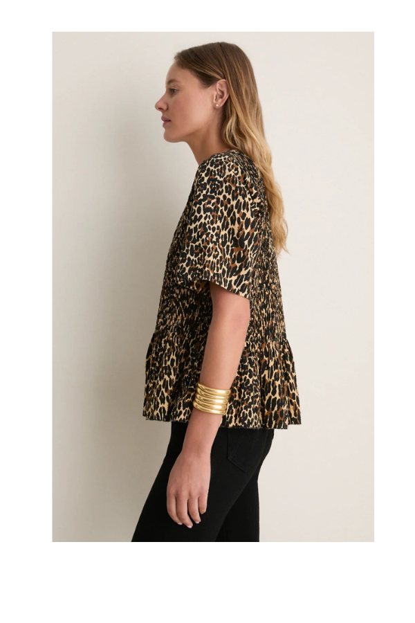 The Smocked Flounce Top in Tan Leopard