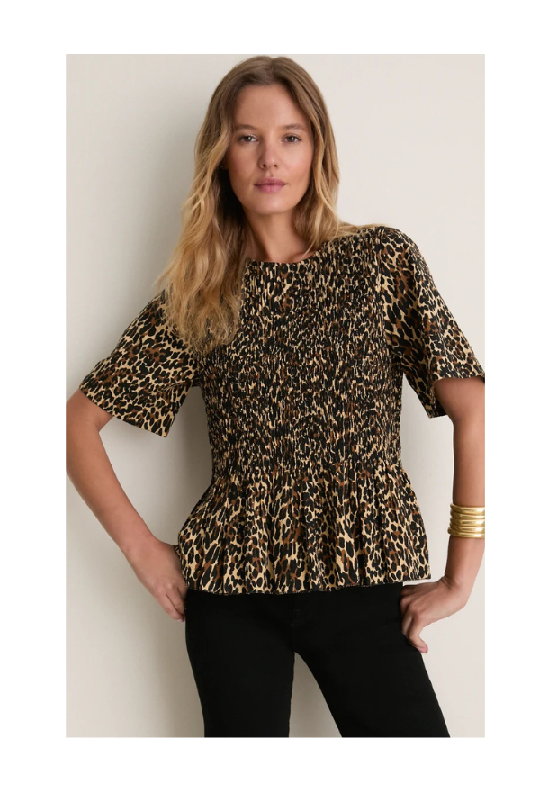 The Smocked Flounce Top in Tan Leopard