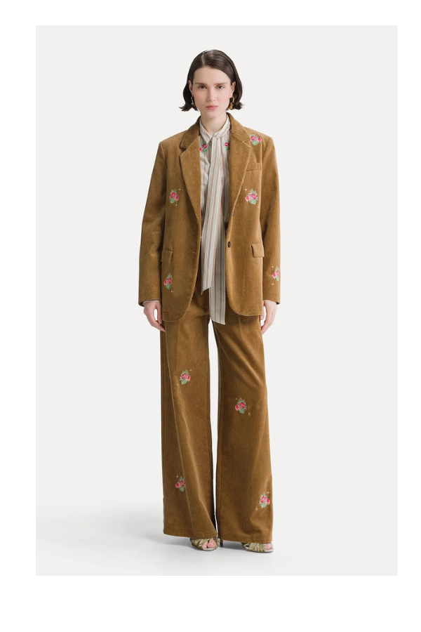 "Bouquet" Embroidery Ribbed Velvet 5 Pockets Pants in Camel