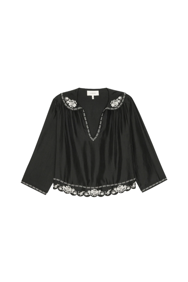 The Embroidered Floral Peter Pan Collar Top in Black