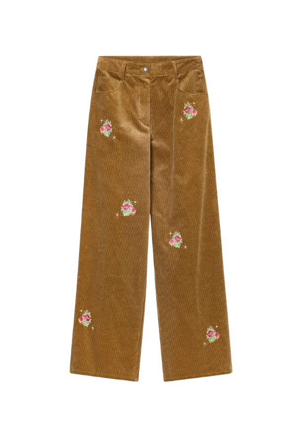 "Bouquet" Embroidery Ribbed Velvet 5 Pockets Pants in Camel