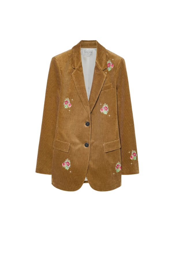 "Bouquet" Embroidery Ribbed Velvet Chic Jacket in Camel