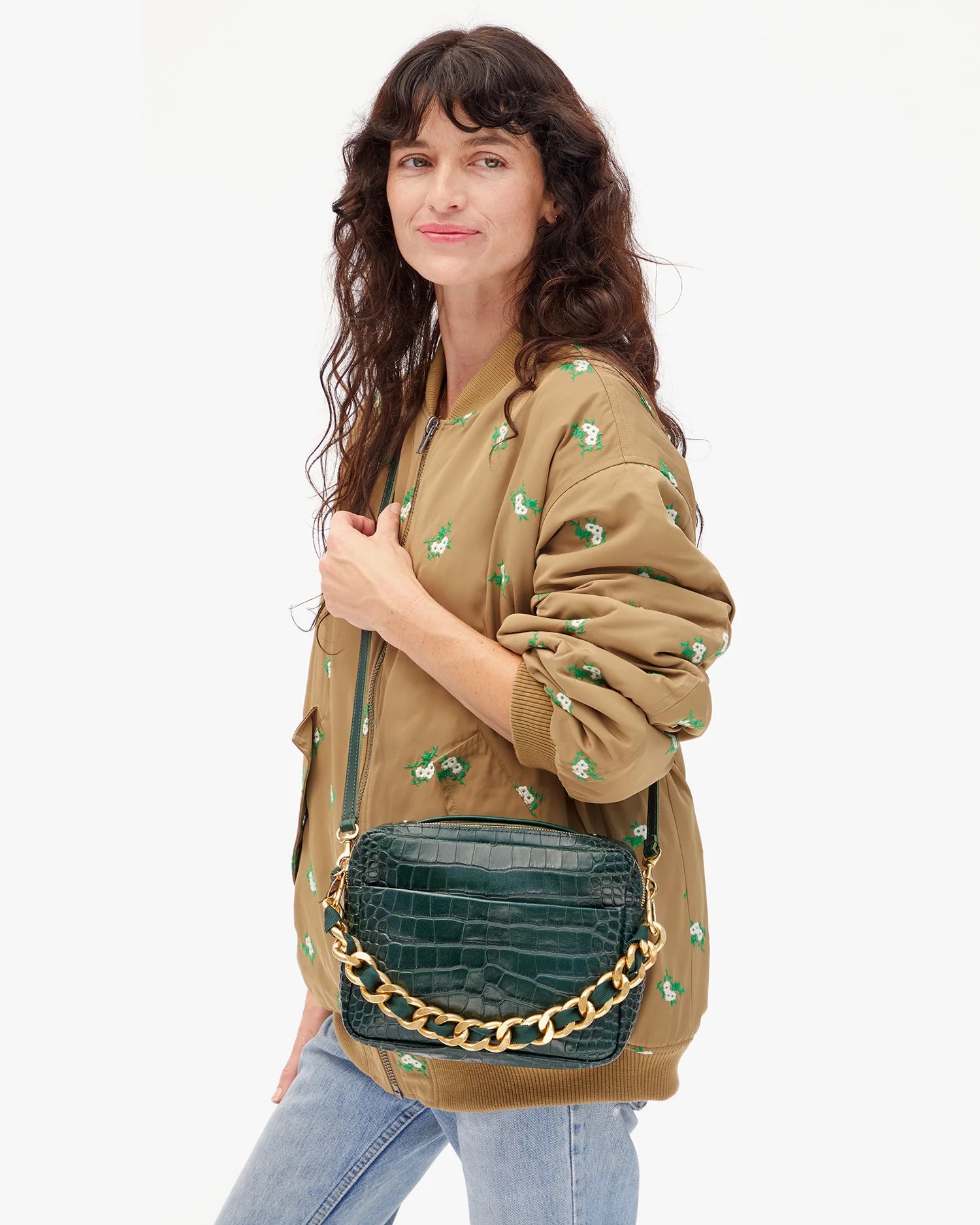 Shortie Strap Grosgrain Curb Chain in Evergreen