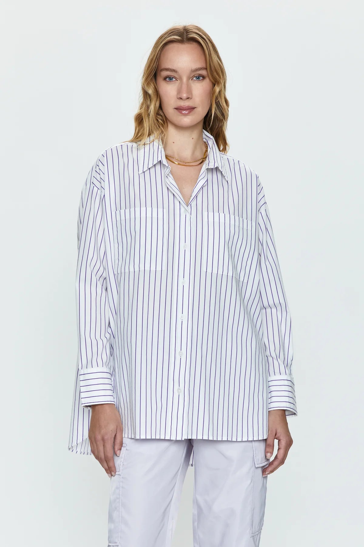 Rena Button Down Tunic Shirt in Violette Stripe