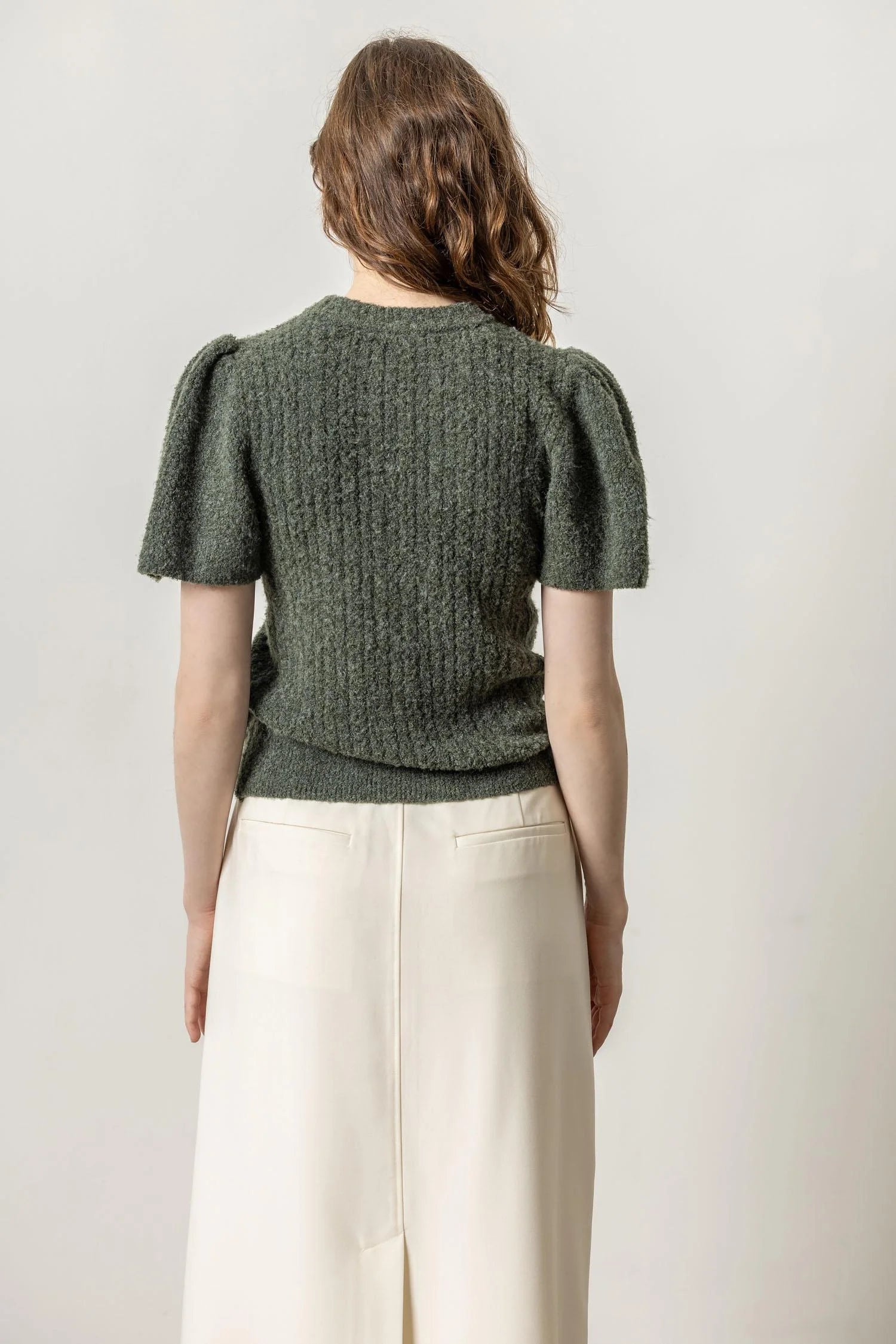 Crew Neck Flutter Sleeve Sweater in Shale