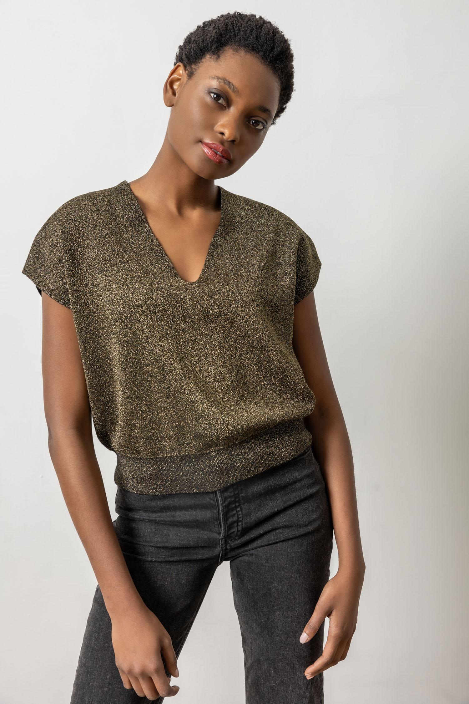 Metallic V-Neck Sweater in Black Sparkle