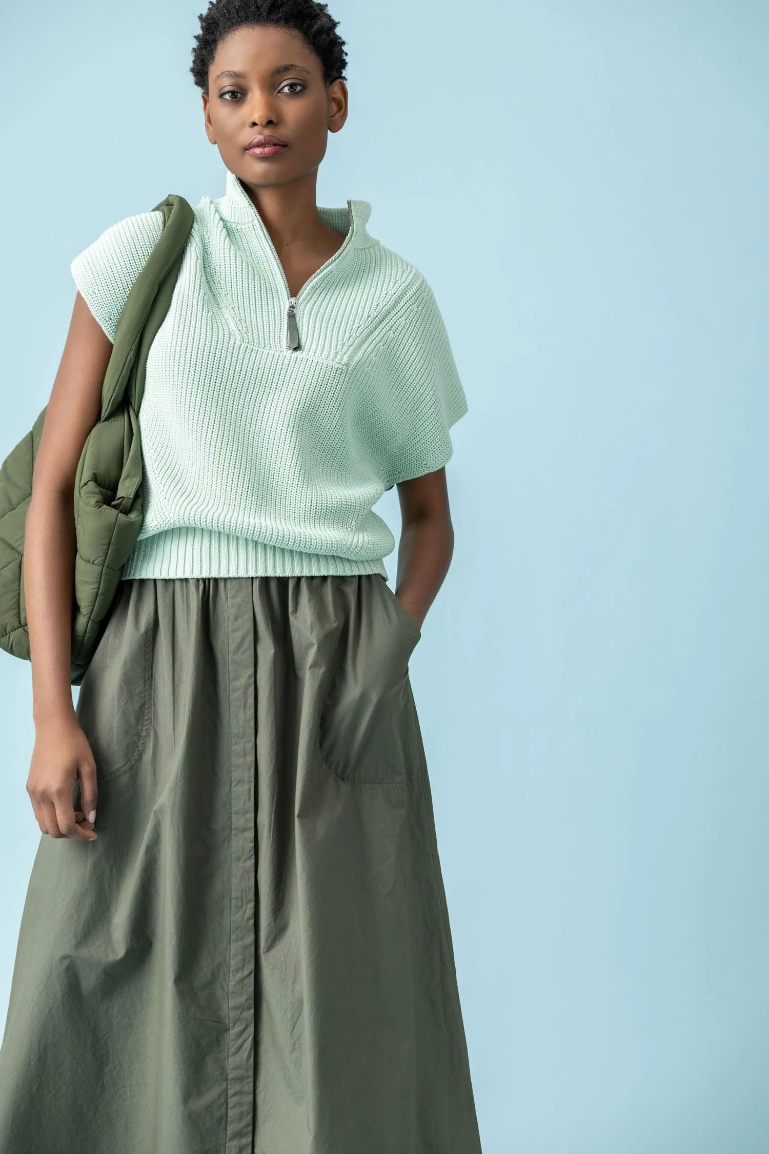 Poplin Button Front Skirt in Kale