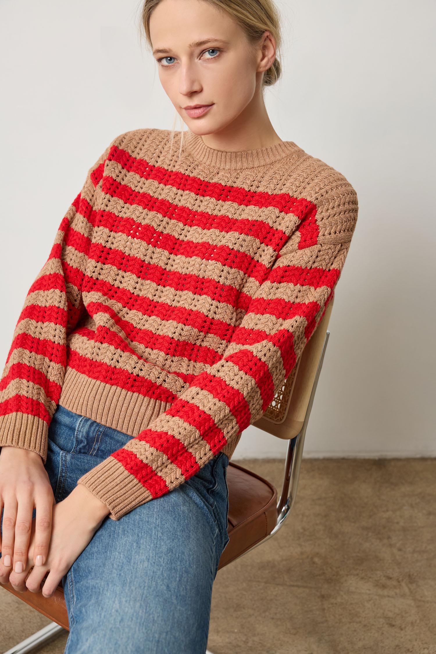 Stripe Stitch Sweater in Acorn/Scarlet