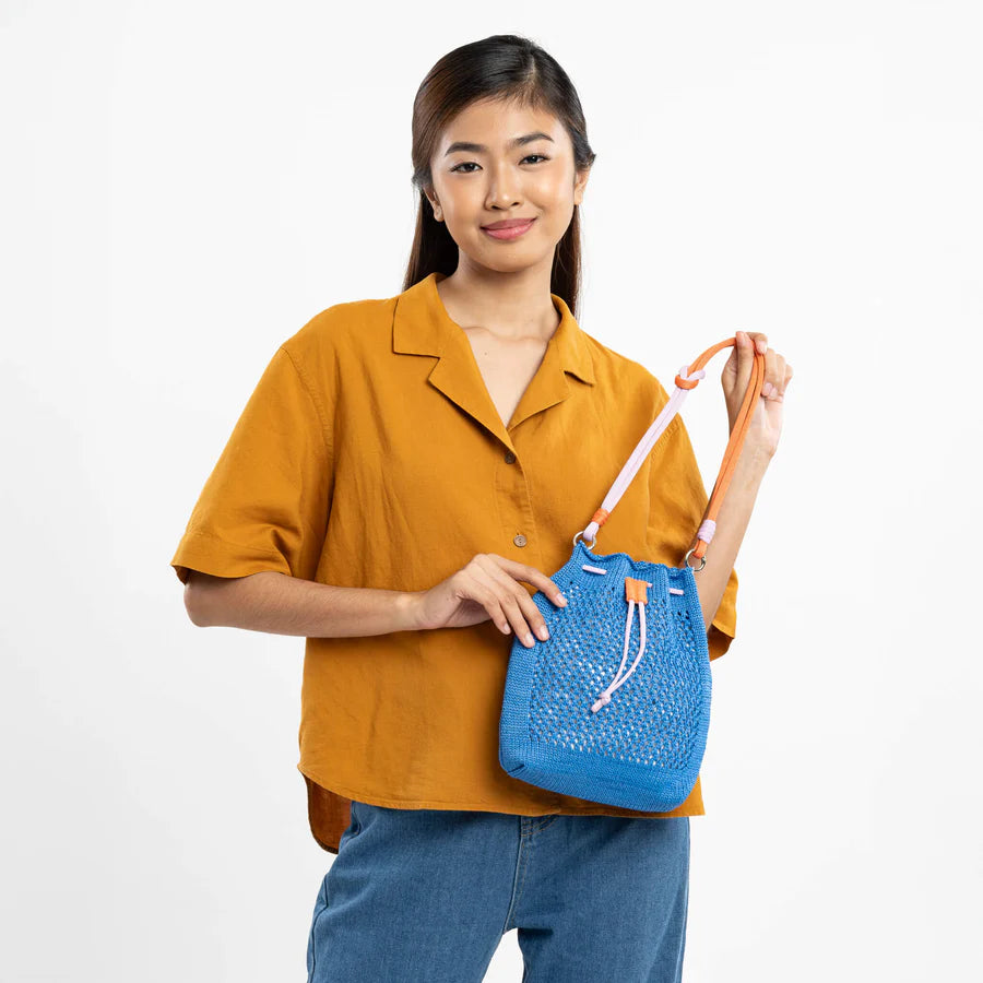 Drawstring Raffia Mini Bag in Cobalt