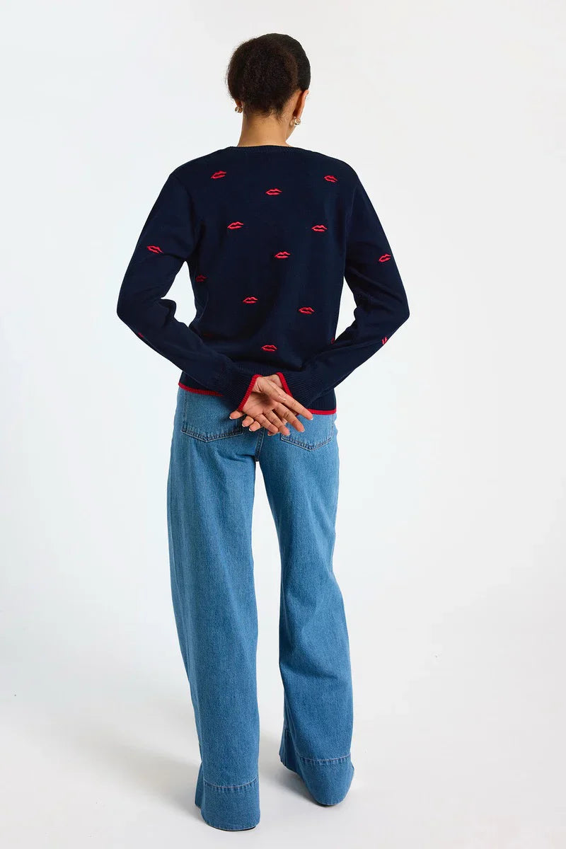 Leila Embroidered Lips Crew in Navy/Tomato