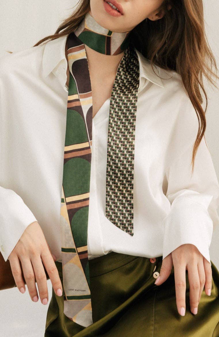 "Modular" Silk Skinny Scarf - Green: Green / 140cm*5cm