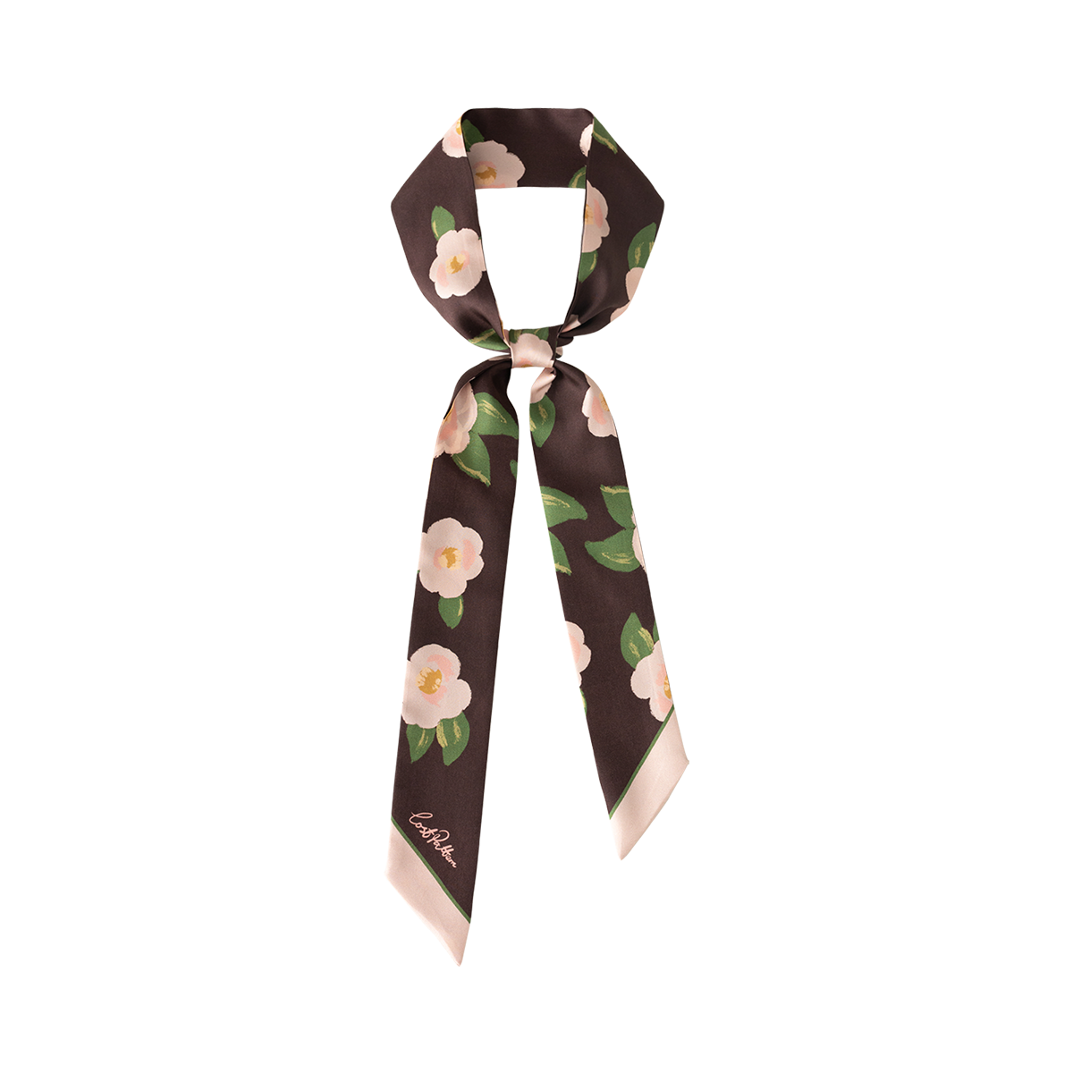 "Camellia" Silk Twill Skinny Scarf - Dark Brown: Dark Brown