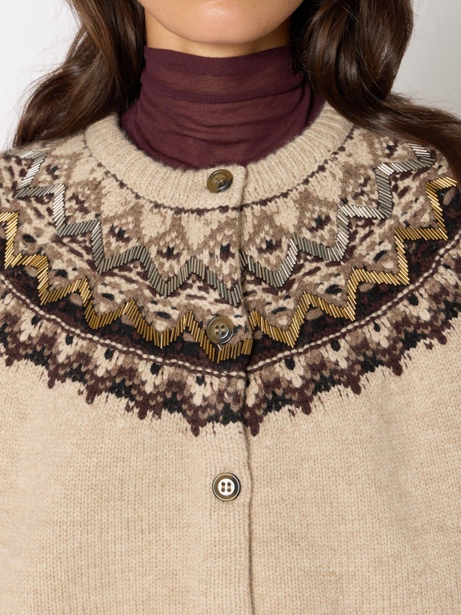 Cardigan Jacquard Broderies in Beige Mélange