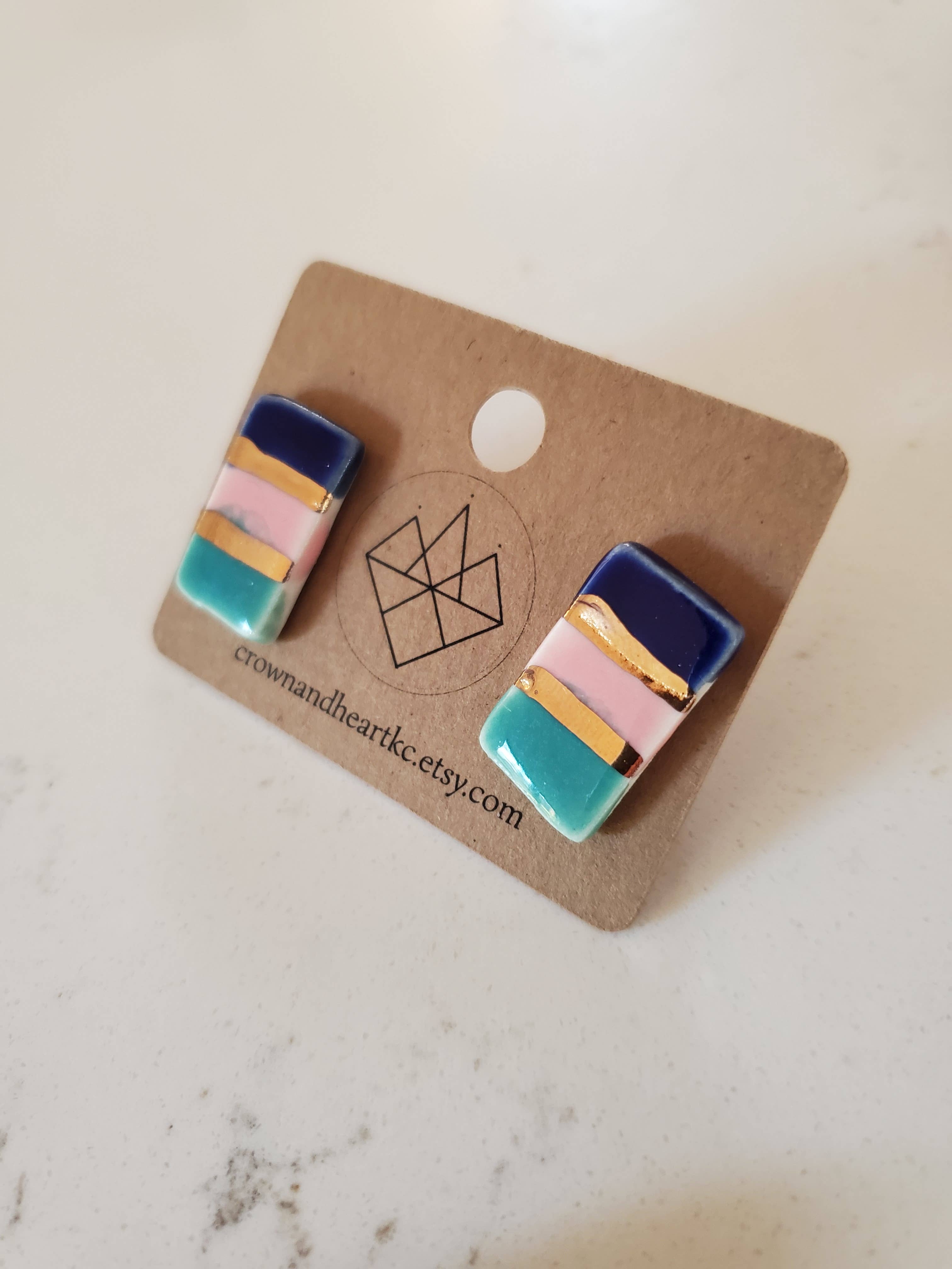 Striped Rectangle Studs: Blue + Pink + Turquoise