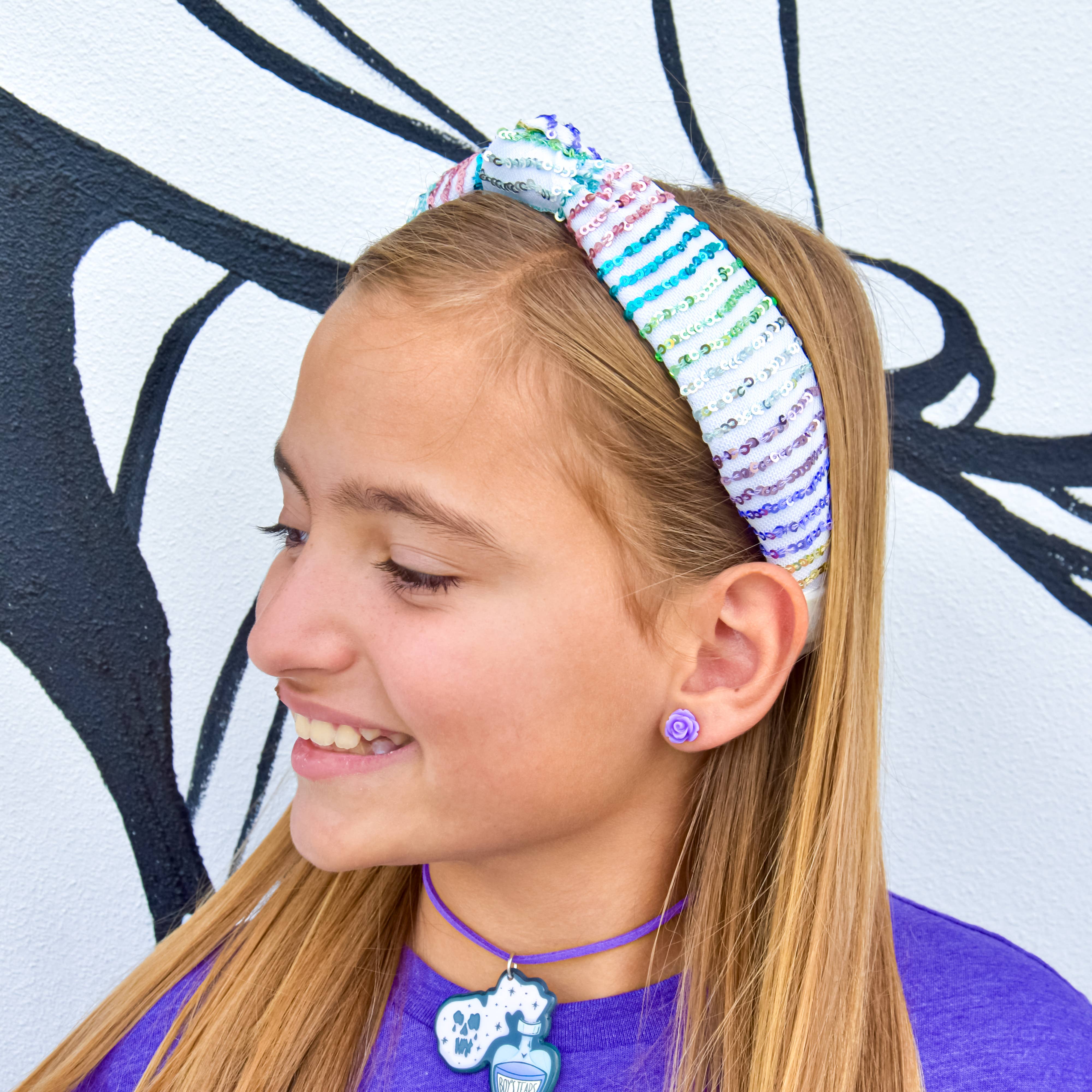 Kids Knot Headband - Rainbow Sequin Knotted Hair Accessories: White