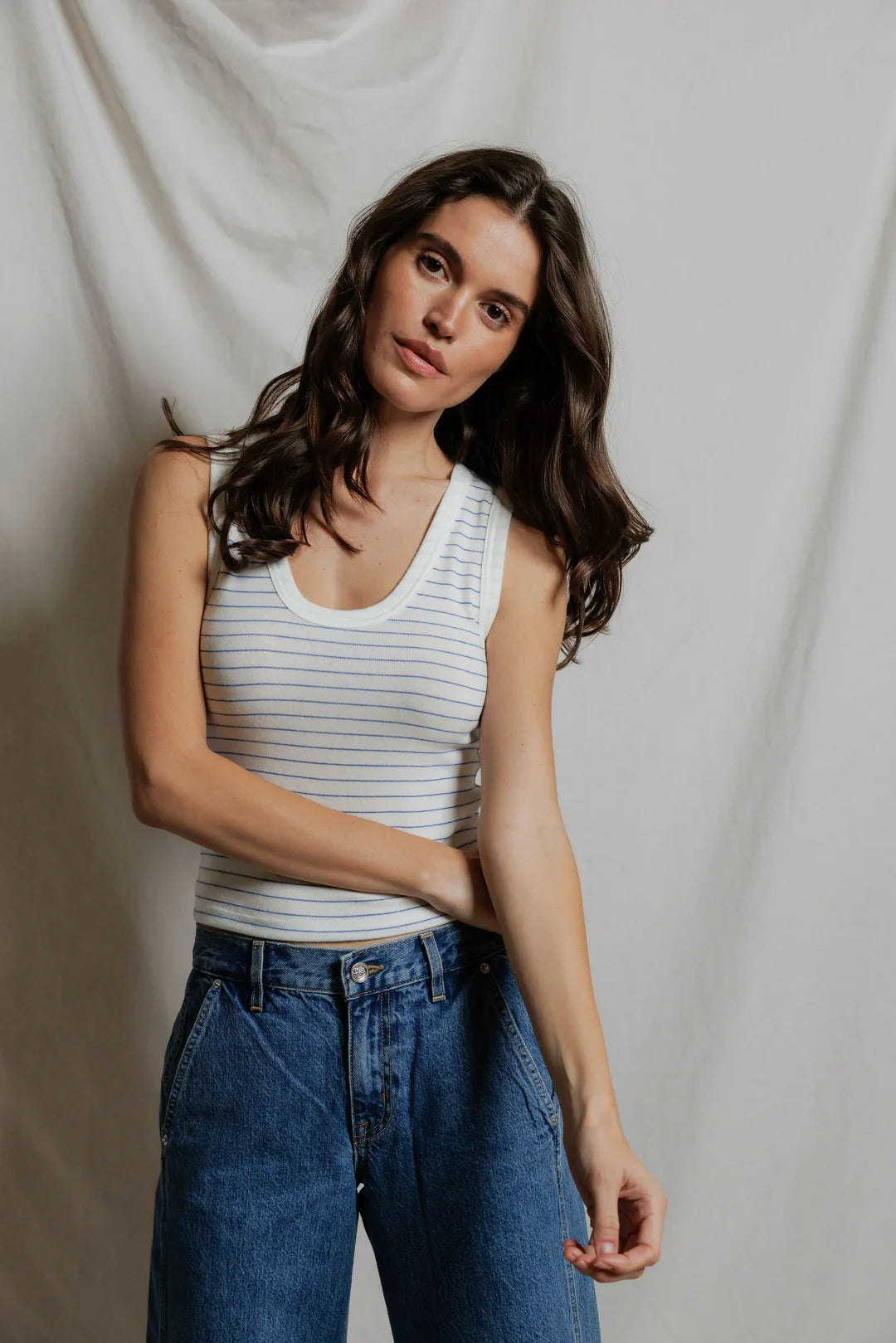 Brushed Sweater Striped Binded Tank in Pacific Stripe